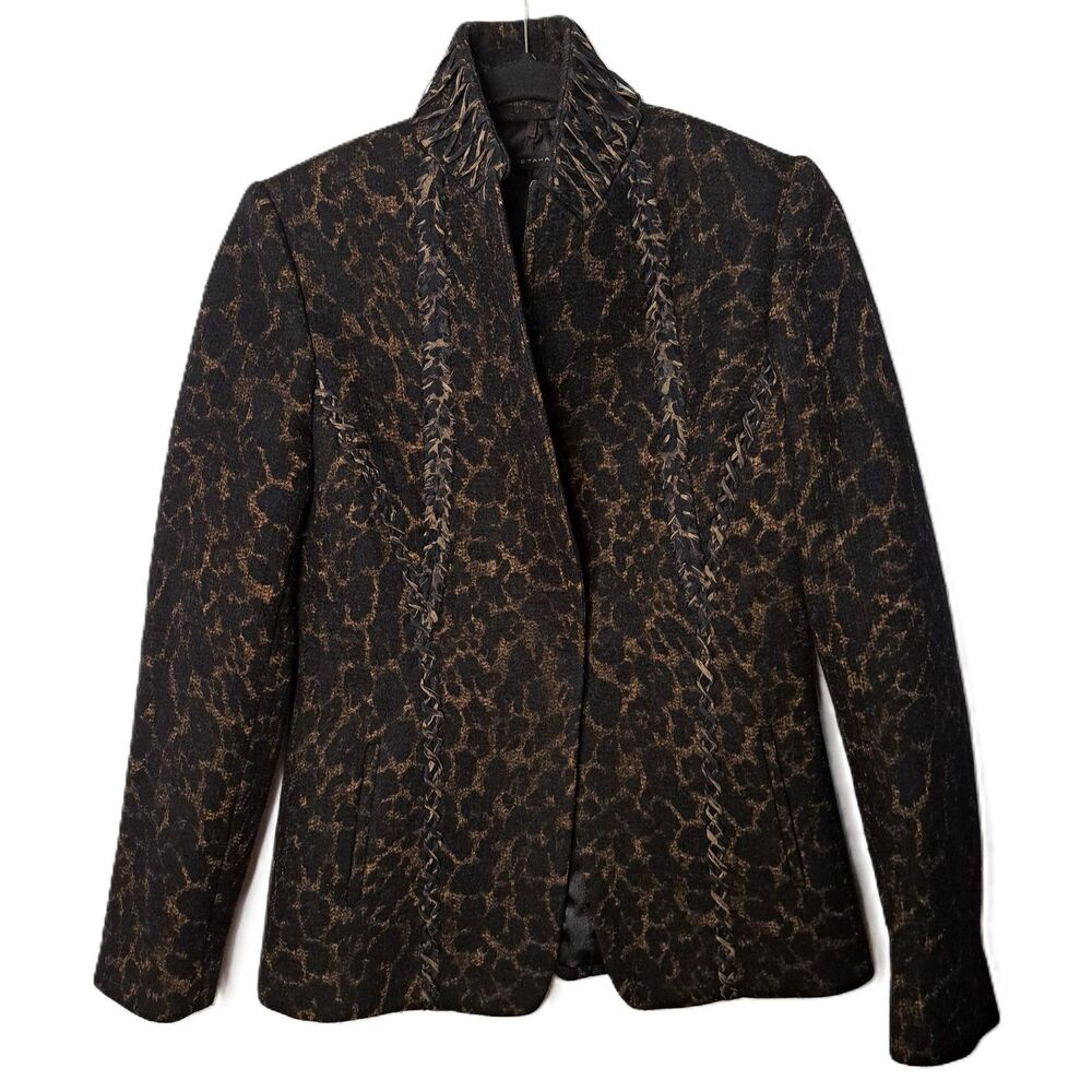 Elie Tahari Womens Brown Black Animal Print Braided Wool Jacket Blazer Size 6